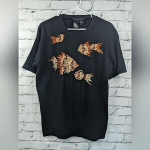 Vintage T-shirt, Beaded t-shirt, wood beads, Beaded fish t-shirt, fish t-shirt w